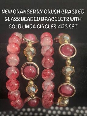 New Cranberry Crush Cracked Glass Beaded Bracelets W/Gold Accents - 4PC Set
